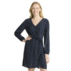 New Women's Time & Tru Leopard Print Long Sleeve Wrap Dress Rustic Blue/Black